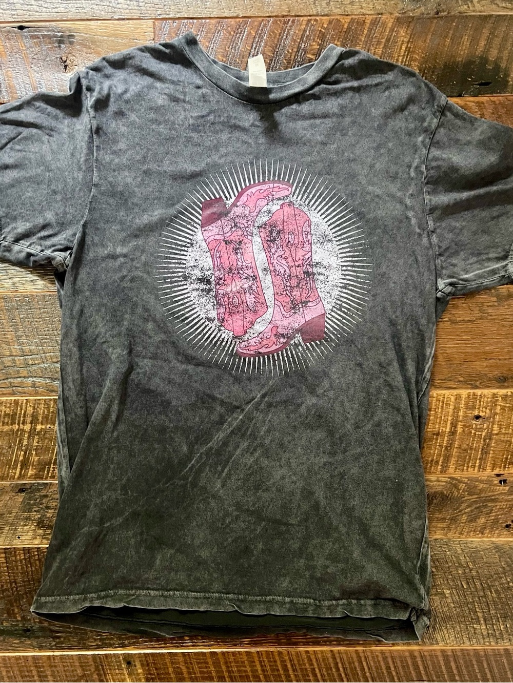 Vintage-Style Black Graphic Tee with Pink Boot Design